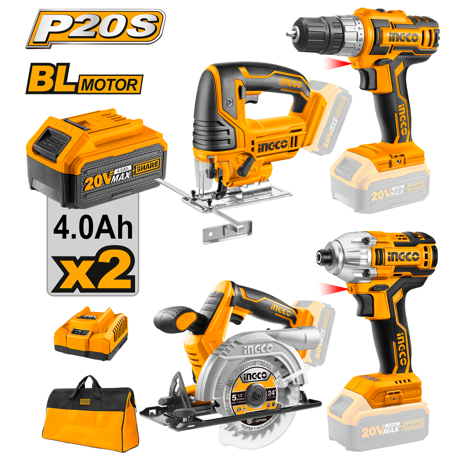 Ingco Lithium-Ion Cordless 4-Pc. Combo Kit 20V CKLI2010