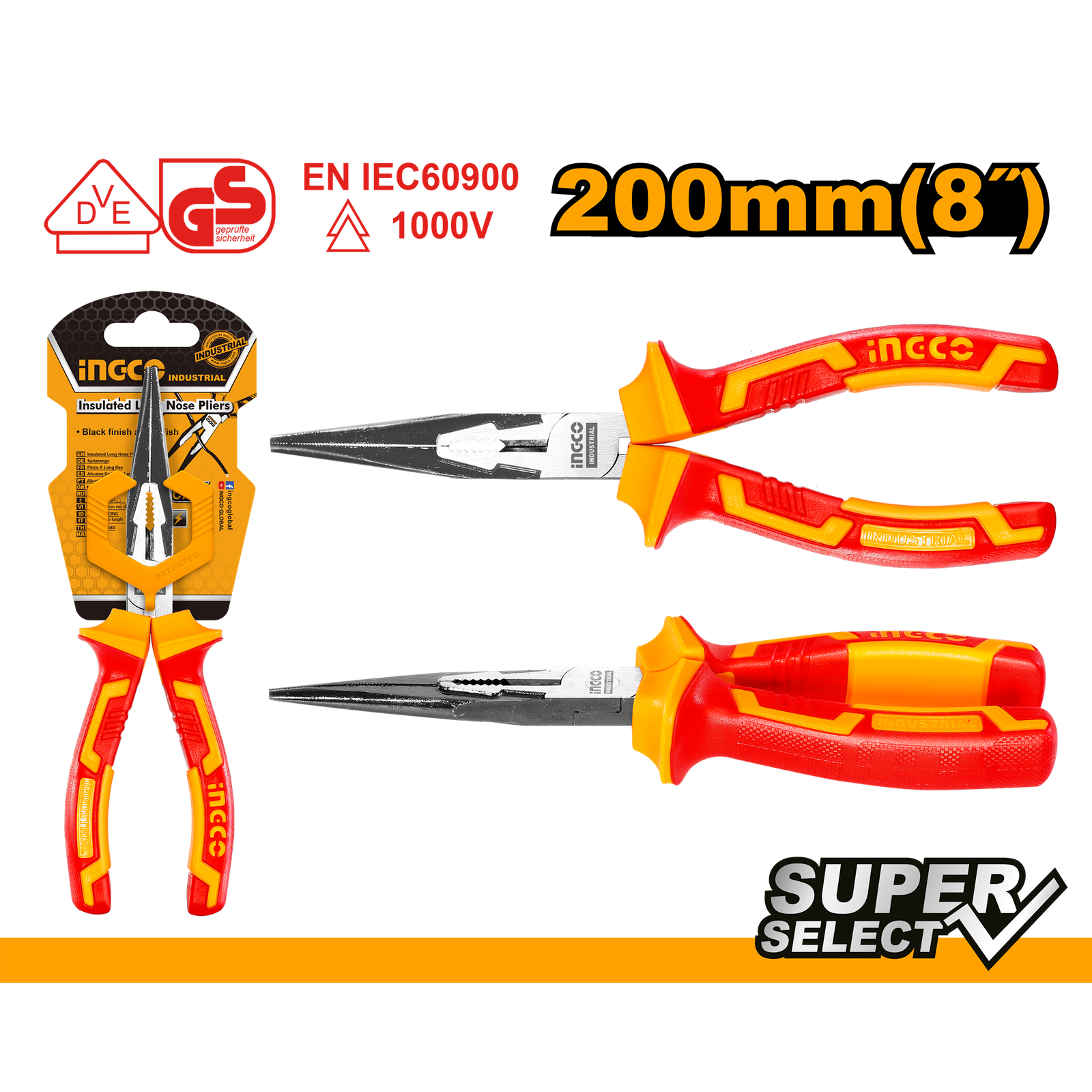 Insulated Long Nose Pliers 8"/200mm HILNP28208