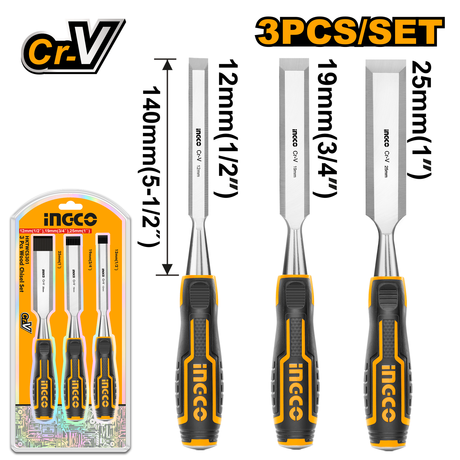 3 Pcs Wood Chisel Set 12mm,19mm & 25mm HKTWCS301