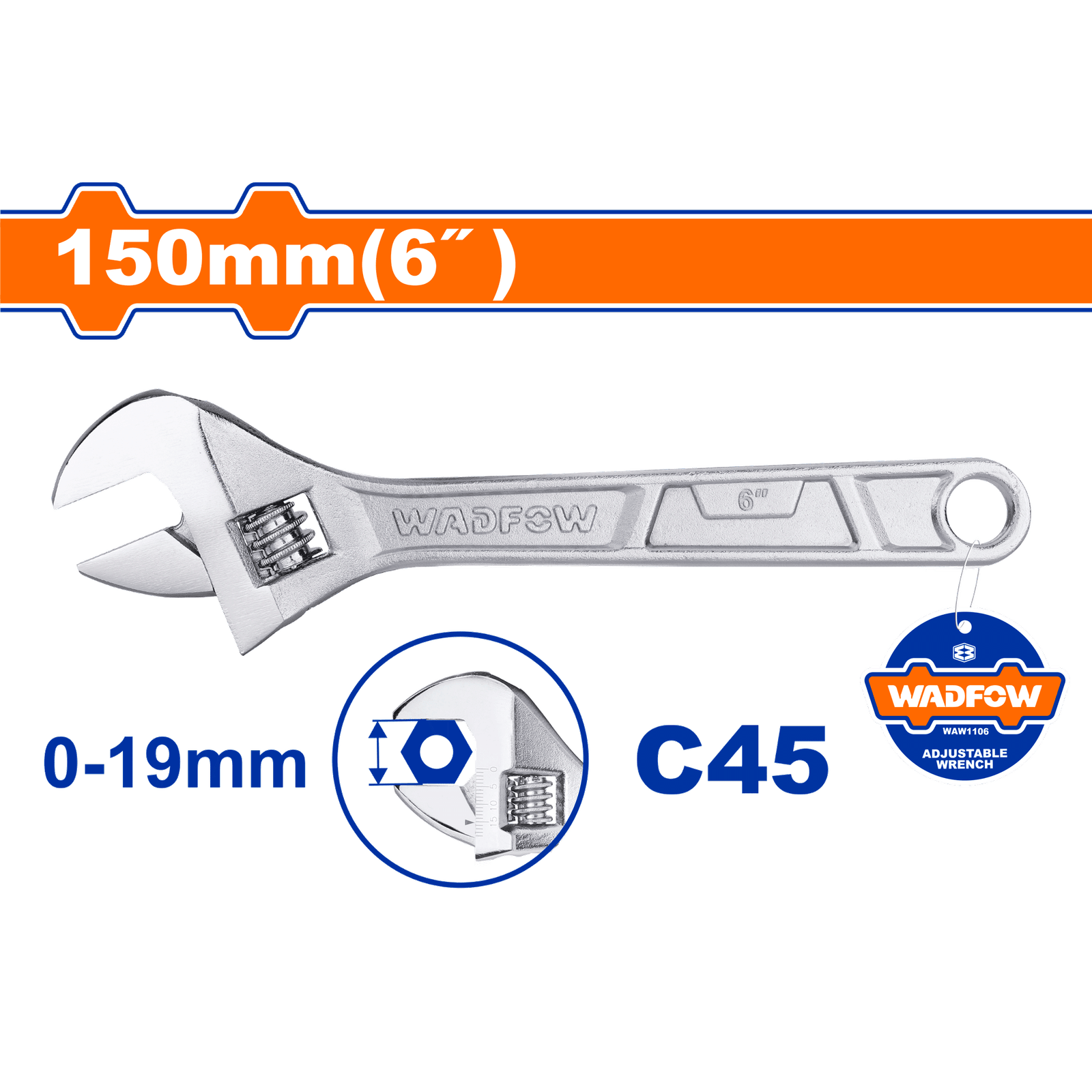 Wadfow Adjustable wrench Length:150mm(6")WAW1106