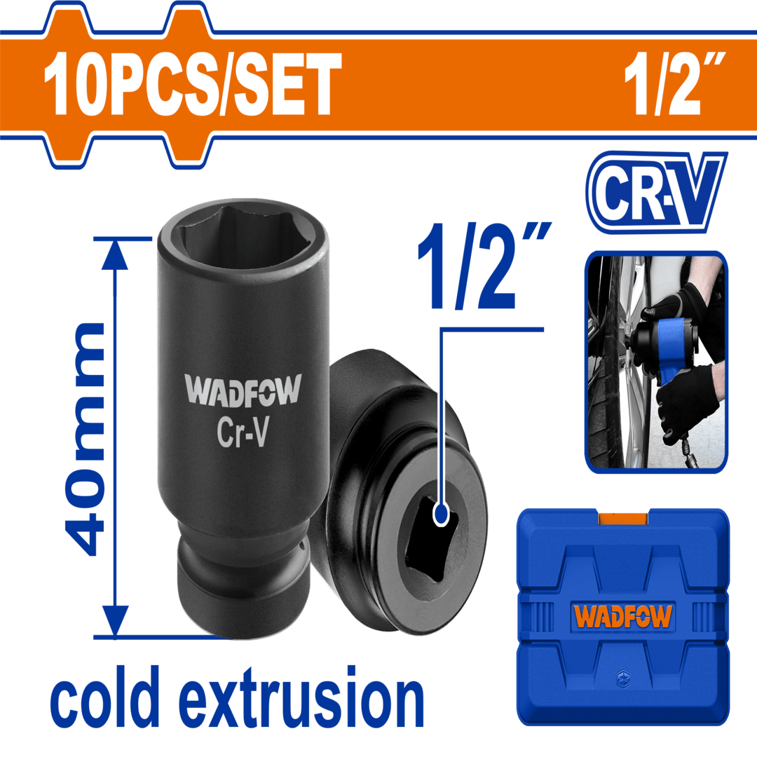 10 Pcs 1/2" impact socket set Width: 40mm WMS1D01