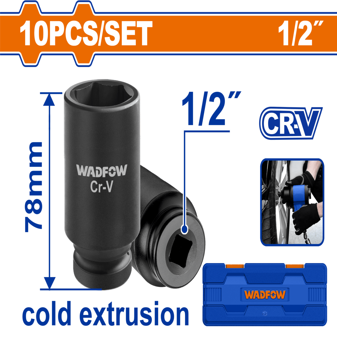 10 Pcs 1/2" deep impact socket set Width: 78mmWMS2D02